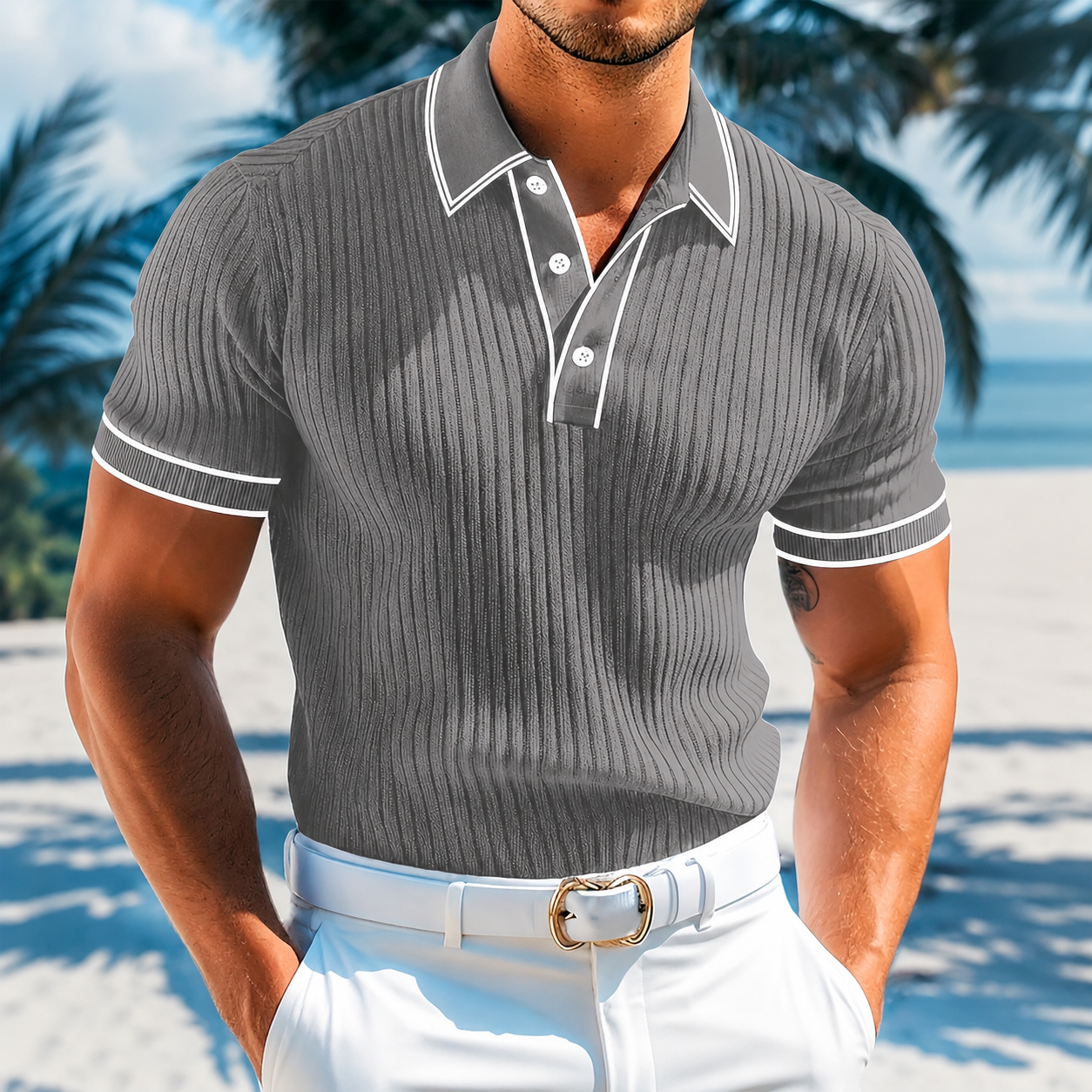 Casual Ribbed Short Sleeve Polo Shirt With Turndown Collar And Buttons For Men