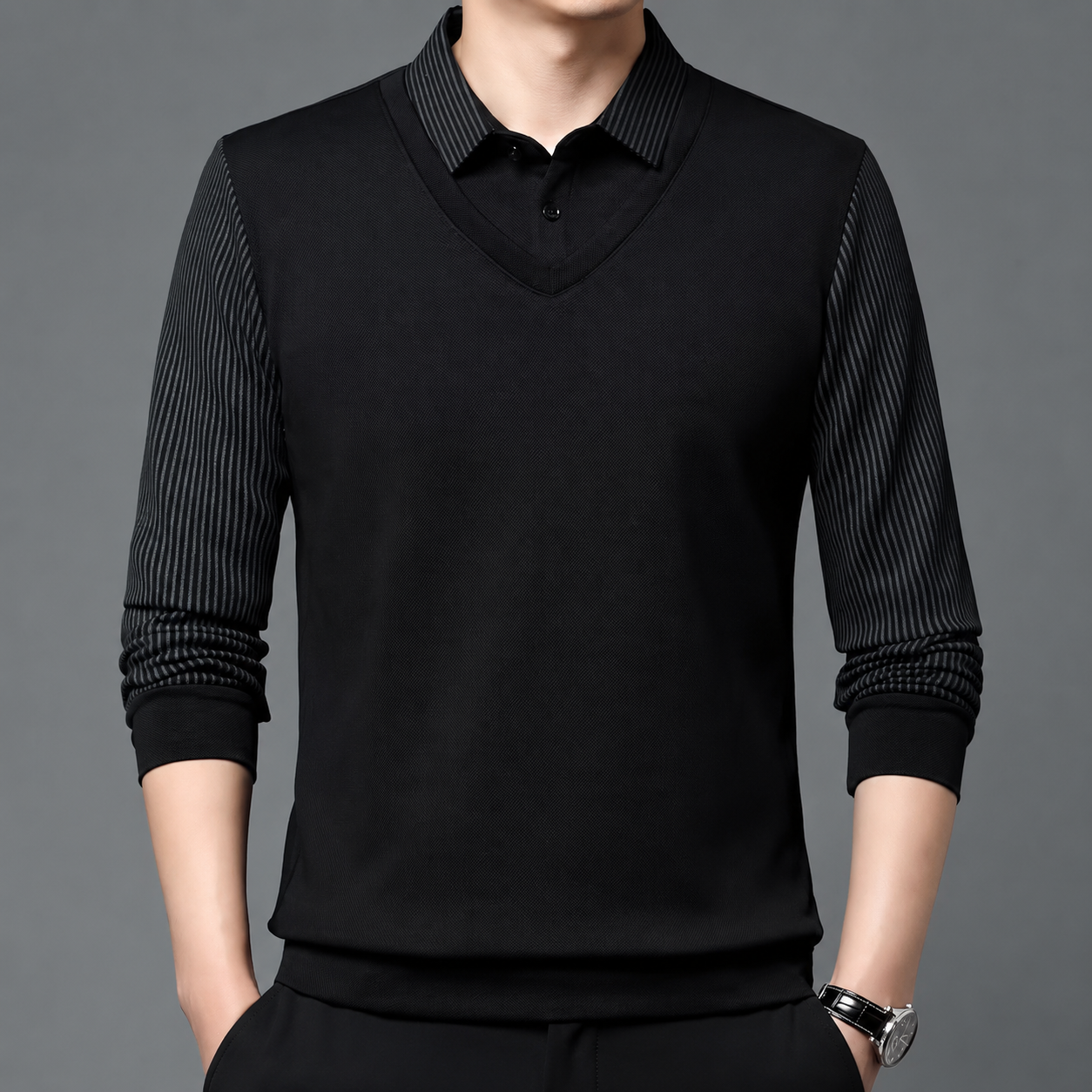 Classic Layered Collar Long Sleeve Casual T Shirt For Men