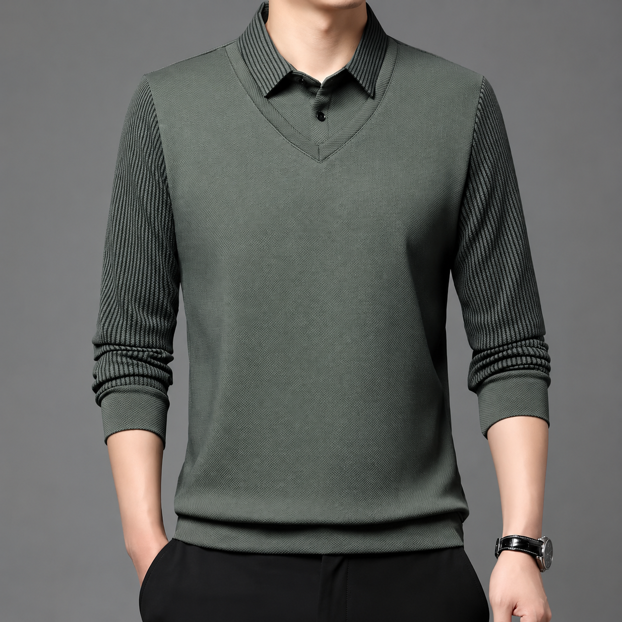 Classic Layered Collar Long Sleeve Casual T Shirt For Men