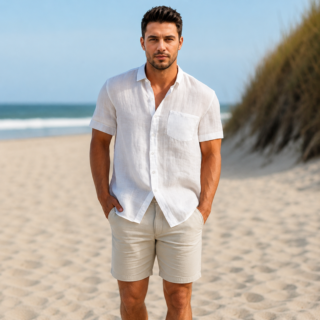 Casual Solid Short Sleeve Beach Shacket Shirt For Men