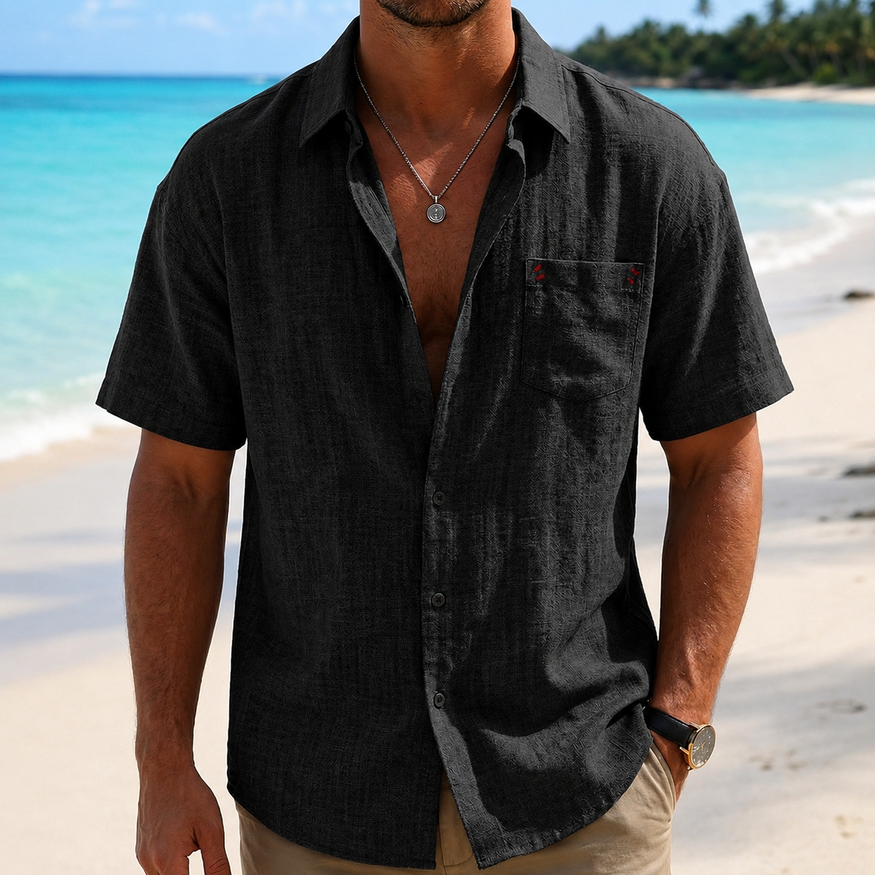 Lightweight Collared Faux LinenShort Sleeve Button Up Shirt With Pocket For Men