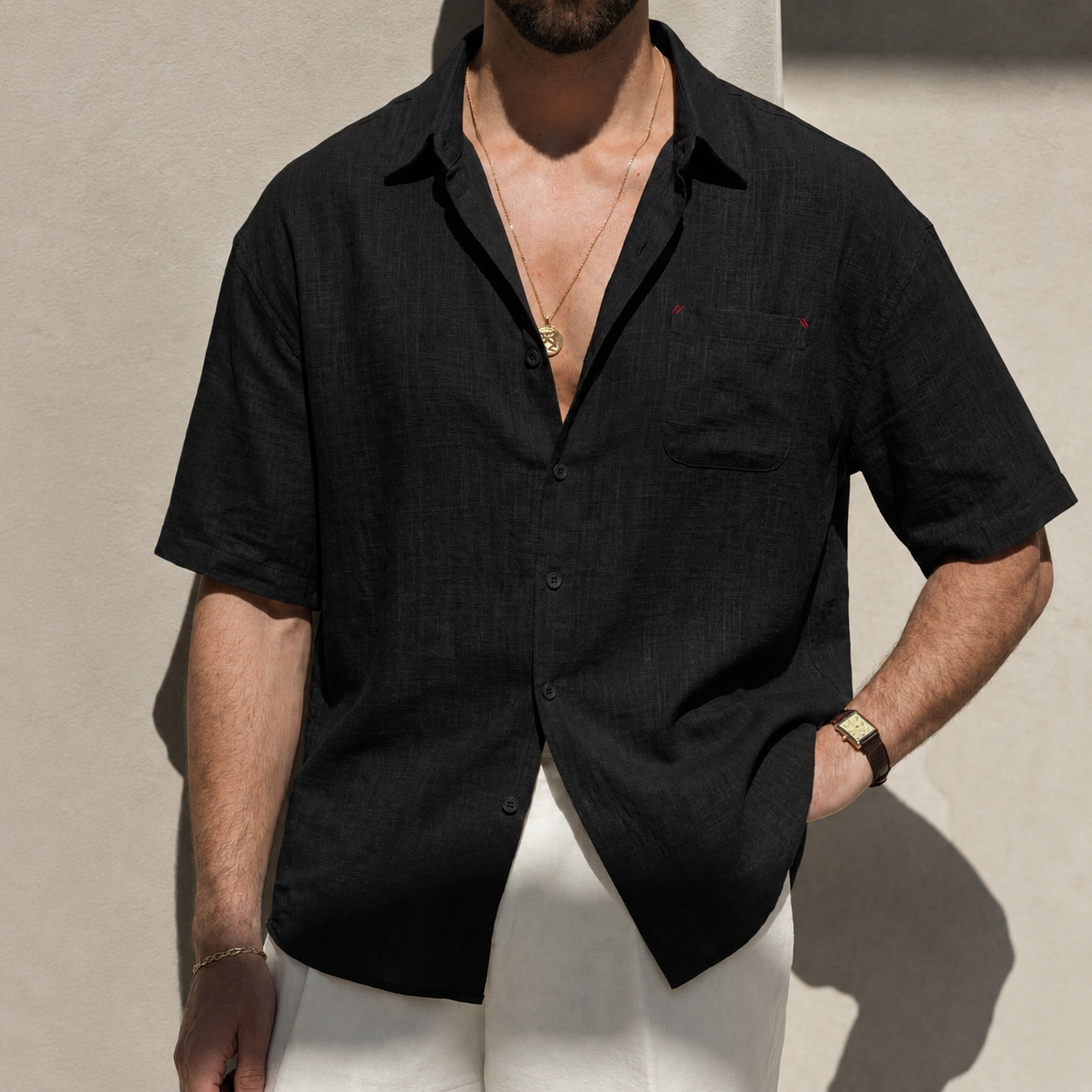 Lightweight Collared Faux LinenShort Sleeve Button Up Shirt With Pocket For Men