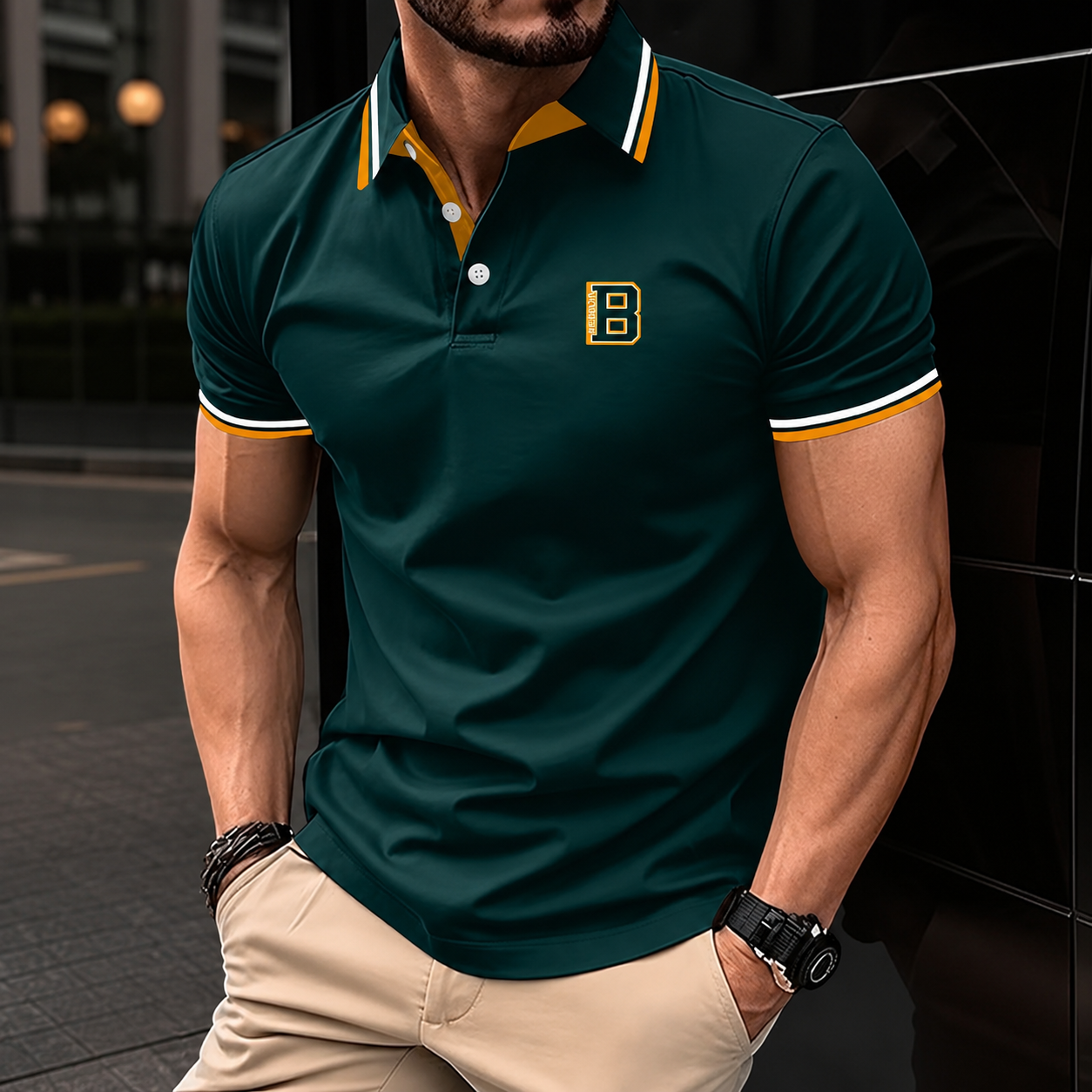 Casual Short Sleeve Collar Button Polo Shirt With Stripe Detail For Men