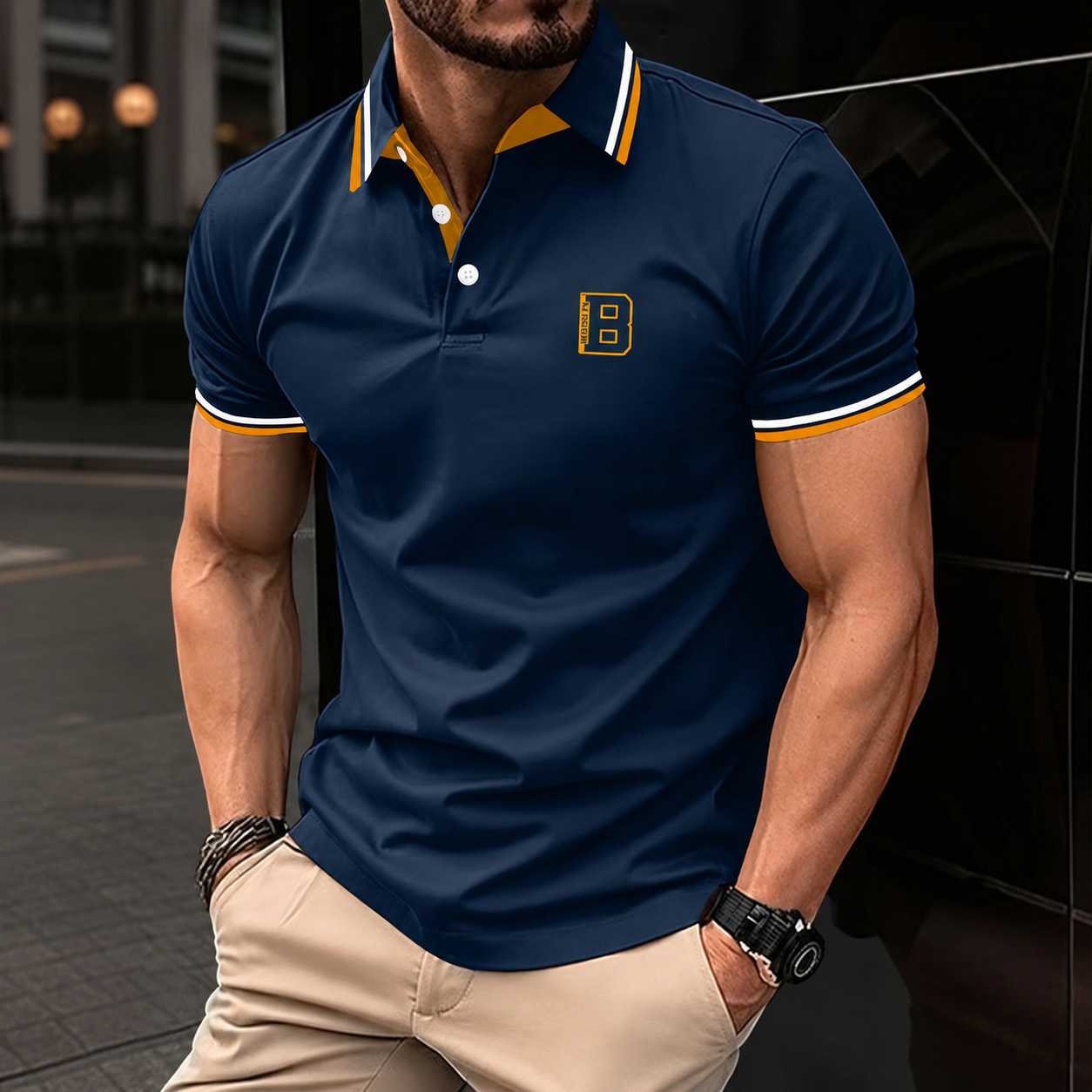 Casual Short Sleeve Collar Button Polo Shirt With Stripe Detail For Men