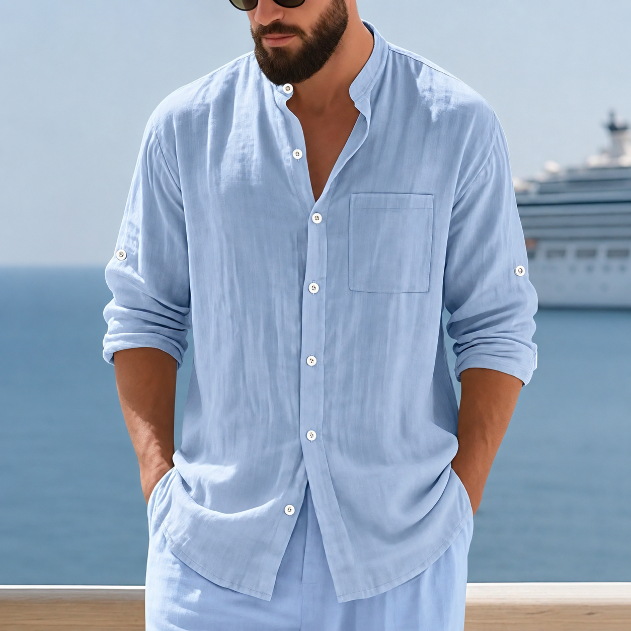 Loose Fit Stand Collar Button Up Casual Shirt With Long Sleeves For Men