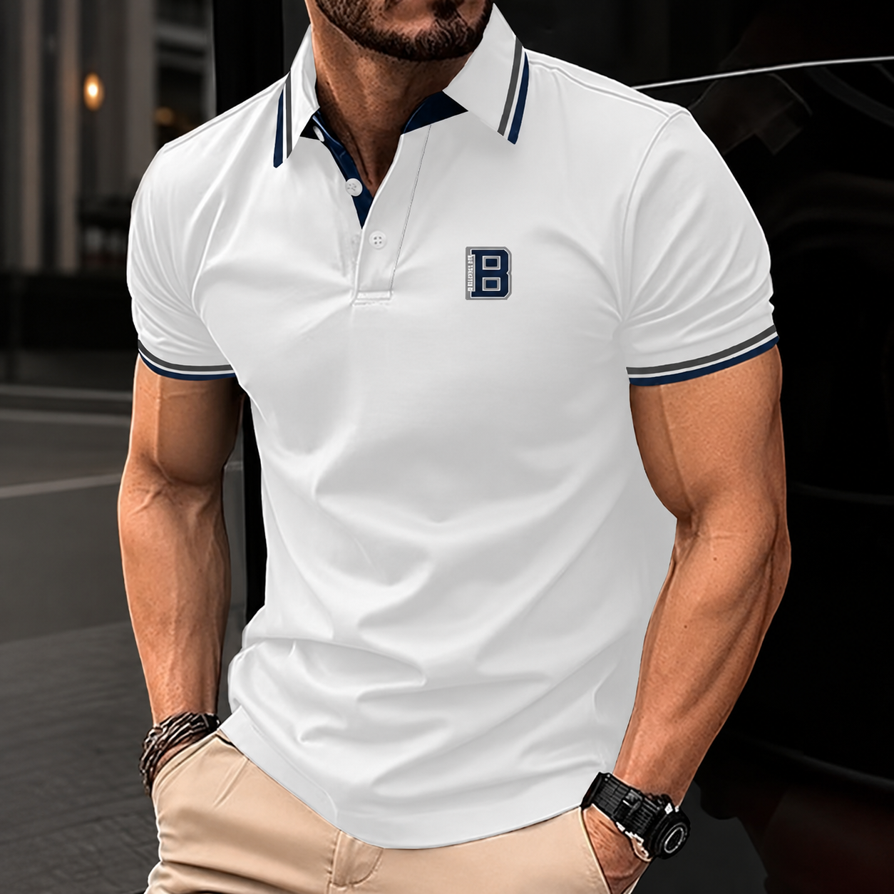 Casual Short Sleeve Collar Button Polo Shirt With Stripe Detail For Men