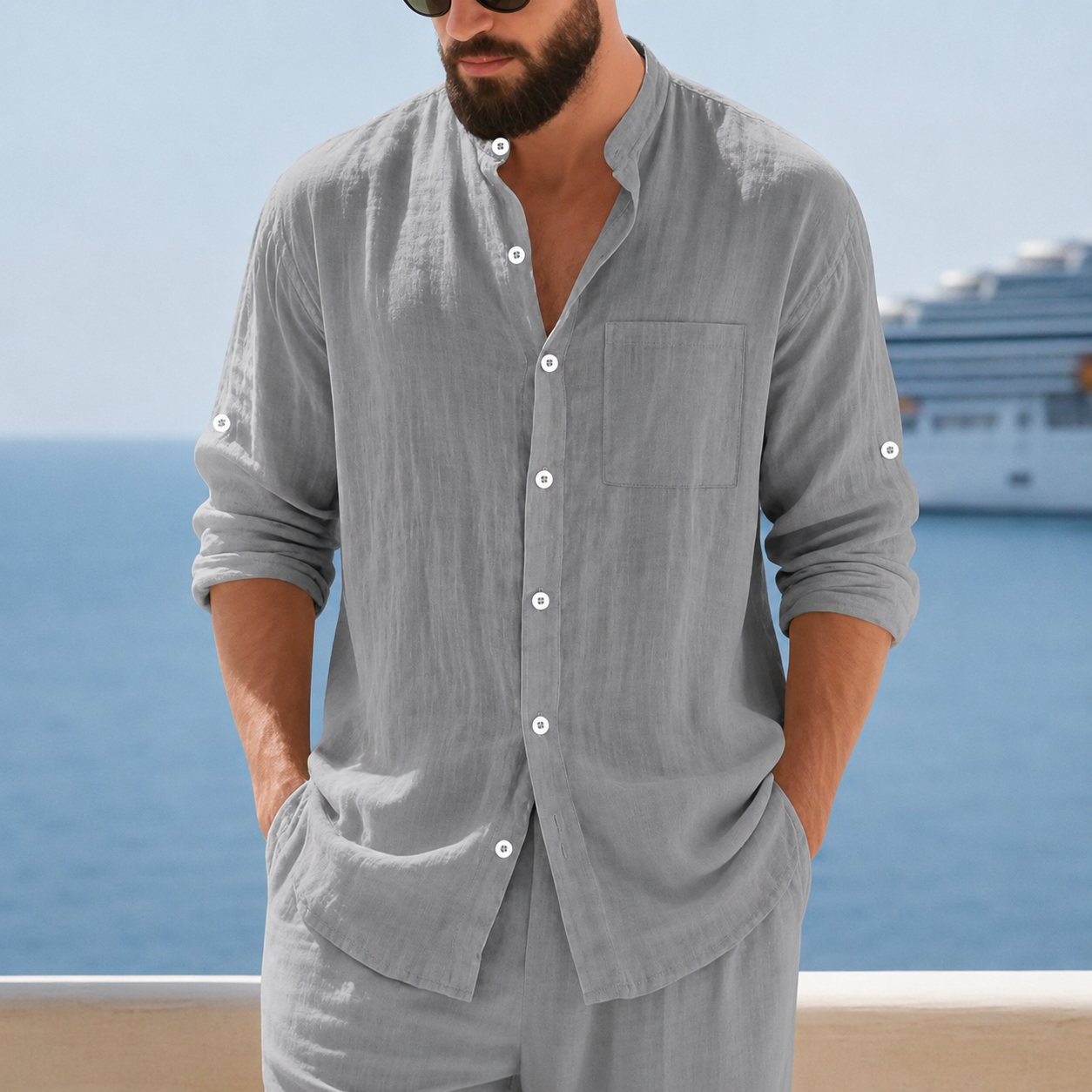 Loose Fit Stand Collar Button Up Casual Shirt With Long Sleeves For Men
