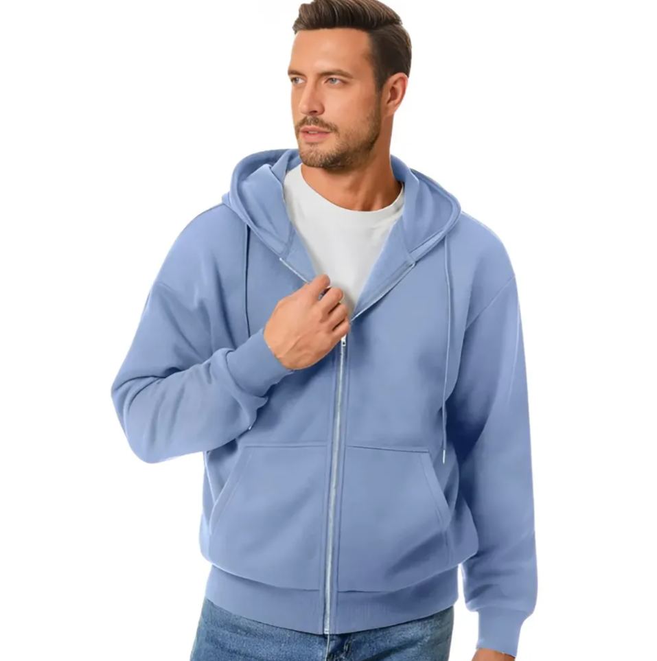 Men Full Zip Cotton Fleece Hoodie Sweatshirt