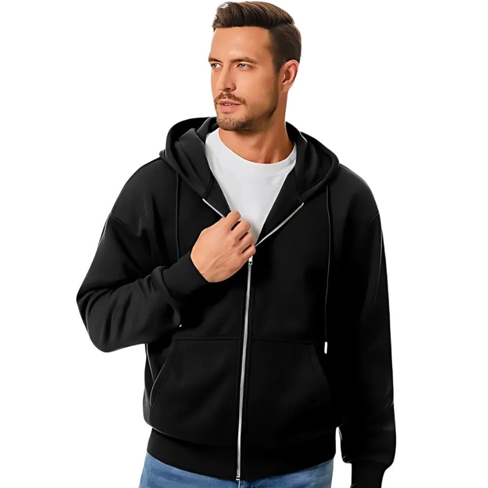 Men Full Zip Cotton Fleece Hoodie Sweatshirt