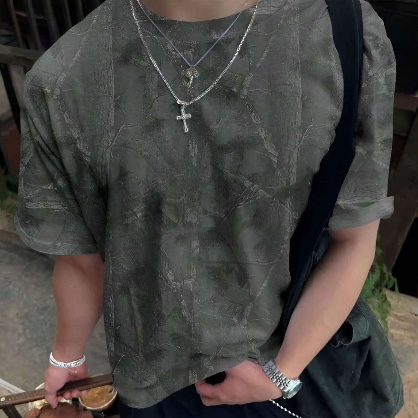 Branch Print Round Short Sleeve Casual T Shirt