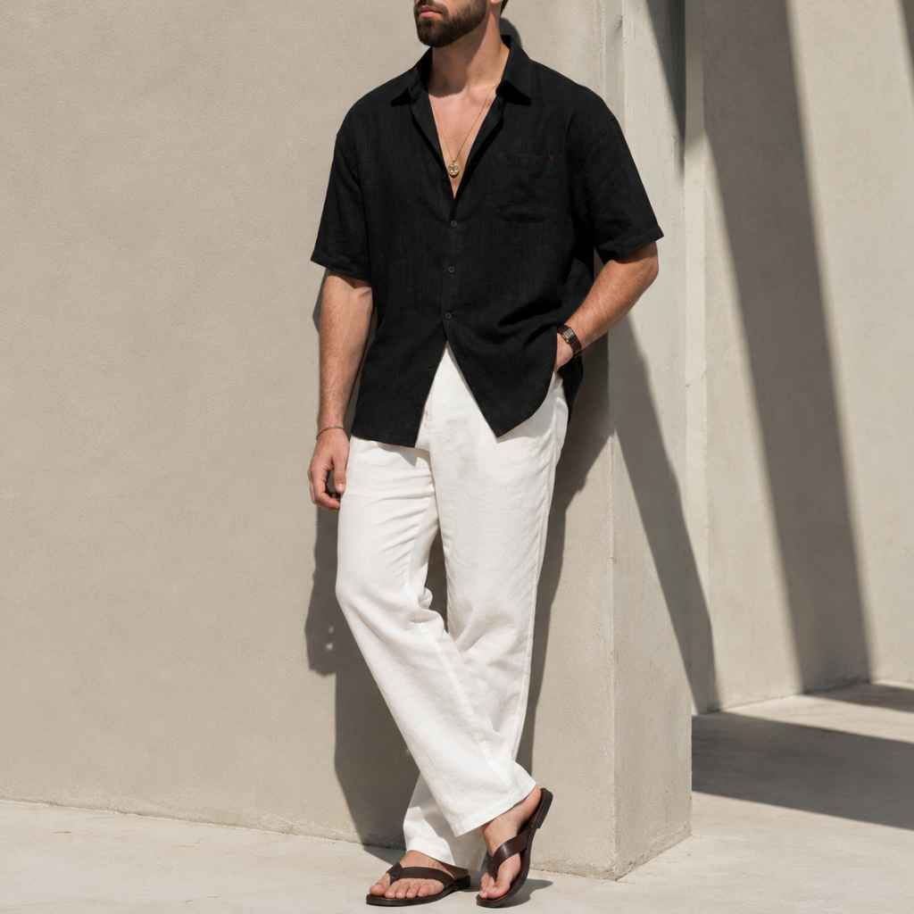 Lightweight Collared Faux LinenShort Sleeve Button Up Shirt With Pocket For Men
