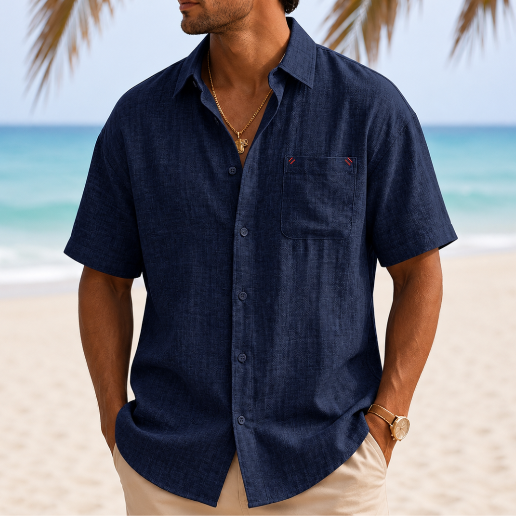 Lightweight Collared Faux LinenShort Sleeve Button Up Shirt With Pocket For Men
