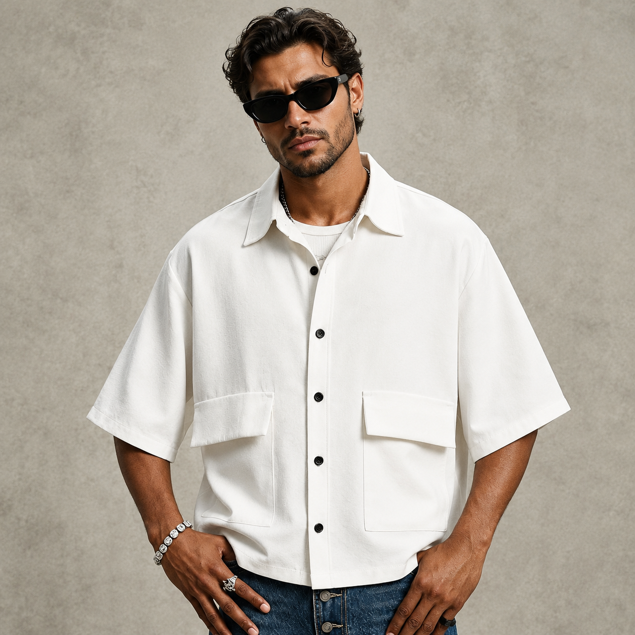 Oversized Short Sleeve Button Down Collared Shirt For Men