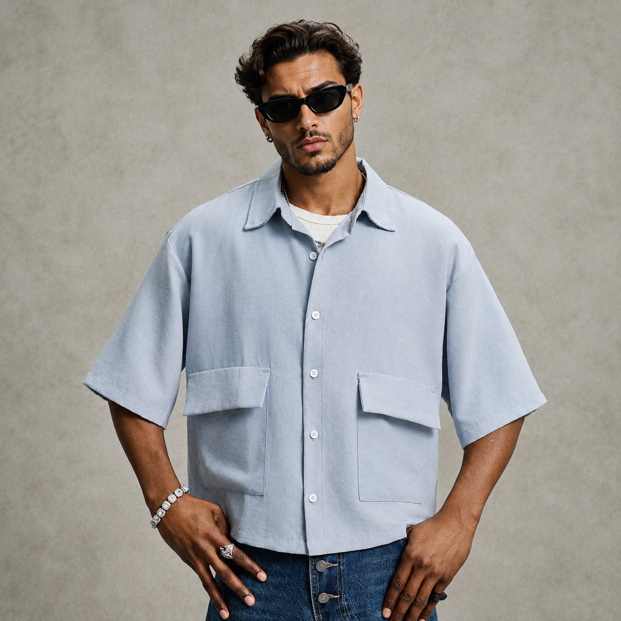 Oversized Short Sleeve Button Down Collared Shirt For Men