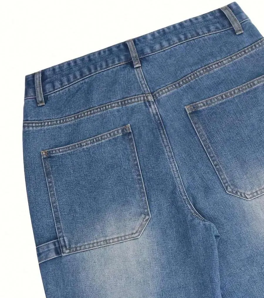 Men's Loose Fit Wide Leg Casual Denim Bermuda Shorts Jorts, Emo Style - Medium Wash - View 7
