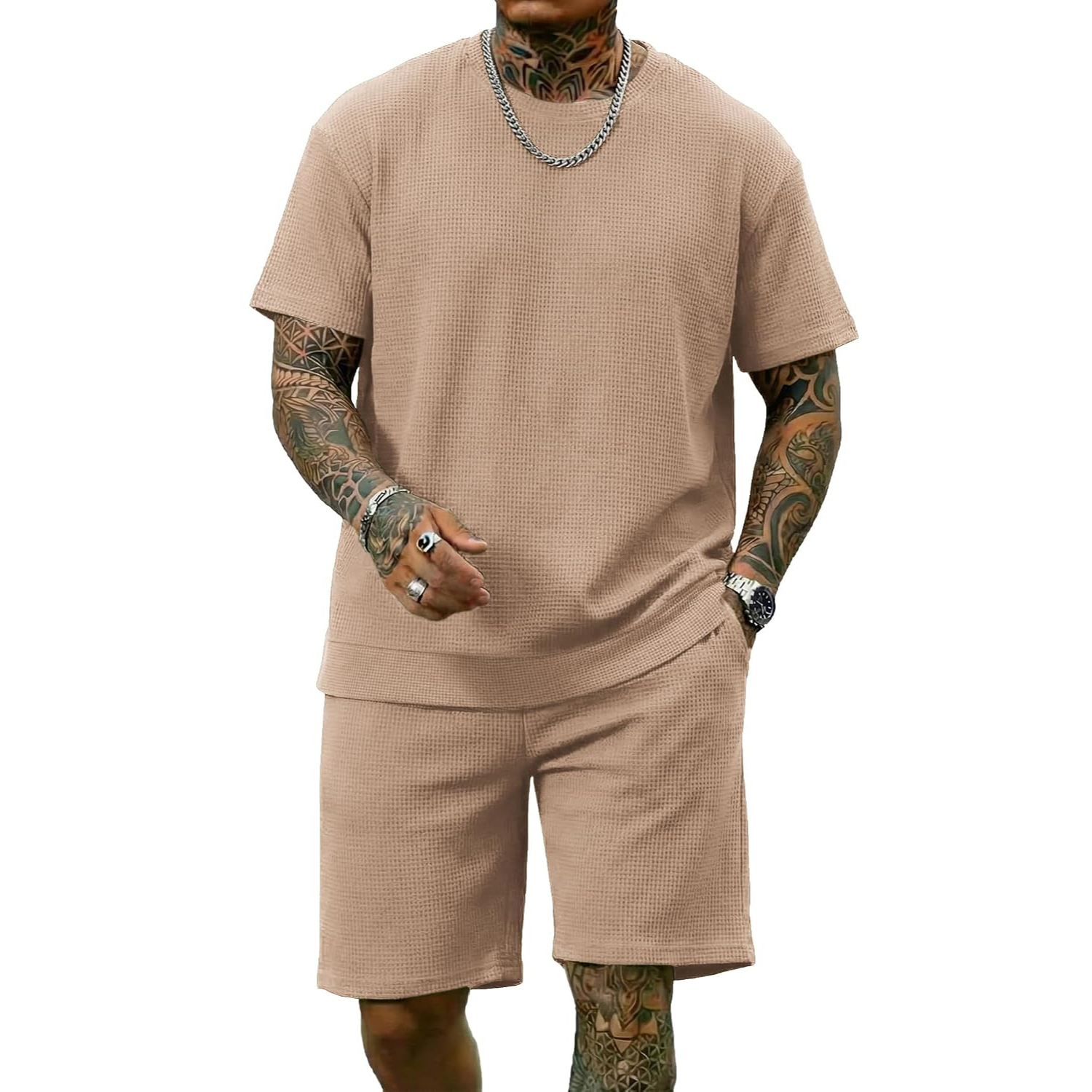 2 Pieces Casual Waffle Short Sleeve Shirt and Short Lounge Set