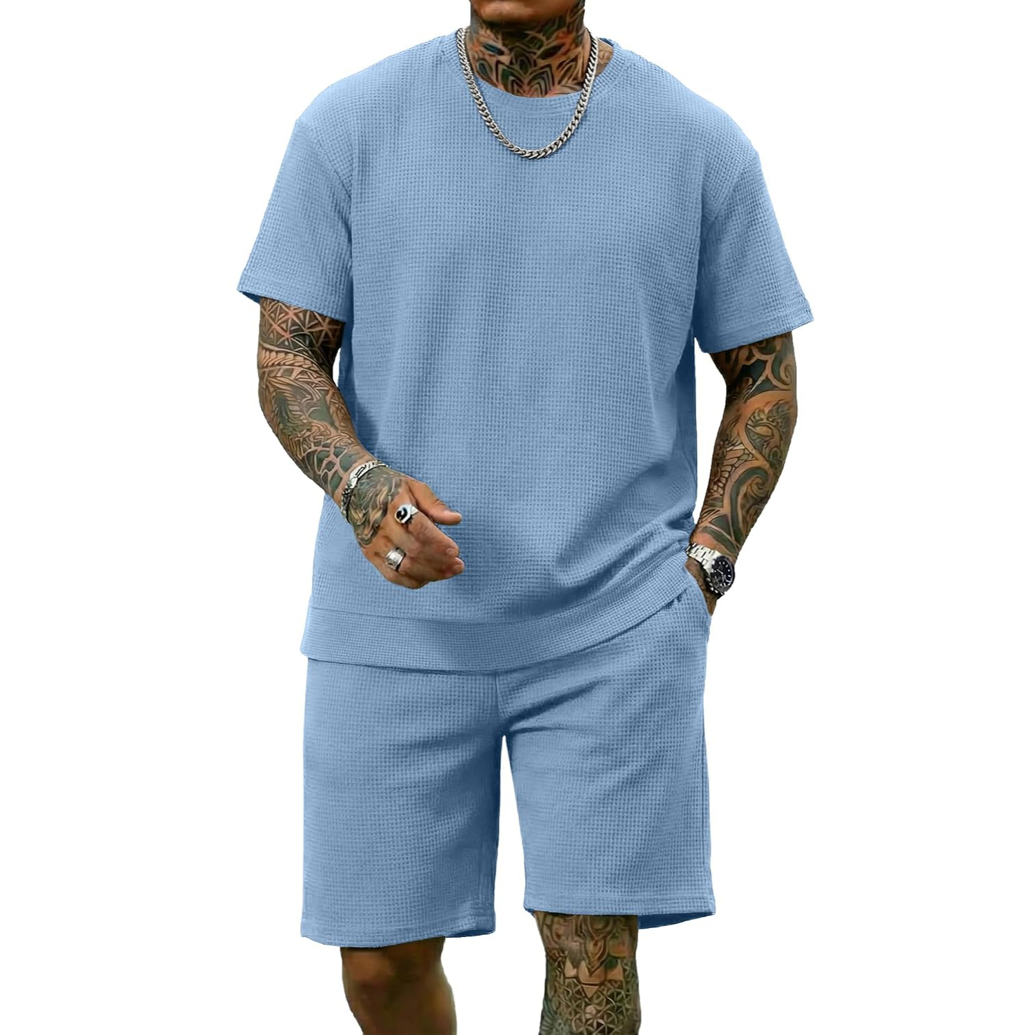 2 Pieces Casual Waffle Short Sleeve Shirt and Short Lounge Set