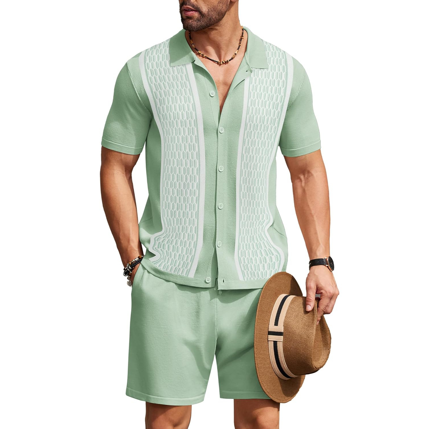 2 Pieces Short Sleeve Button Down Knit Polo Shirts And Short Set For Men