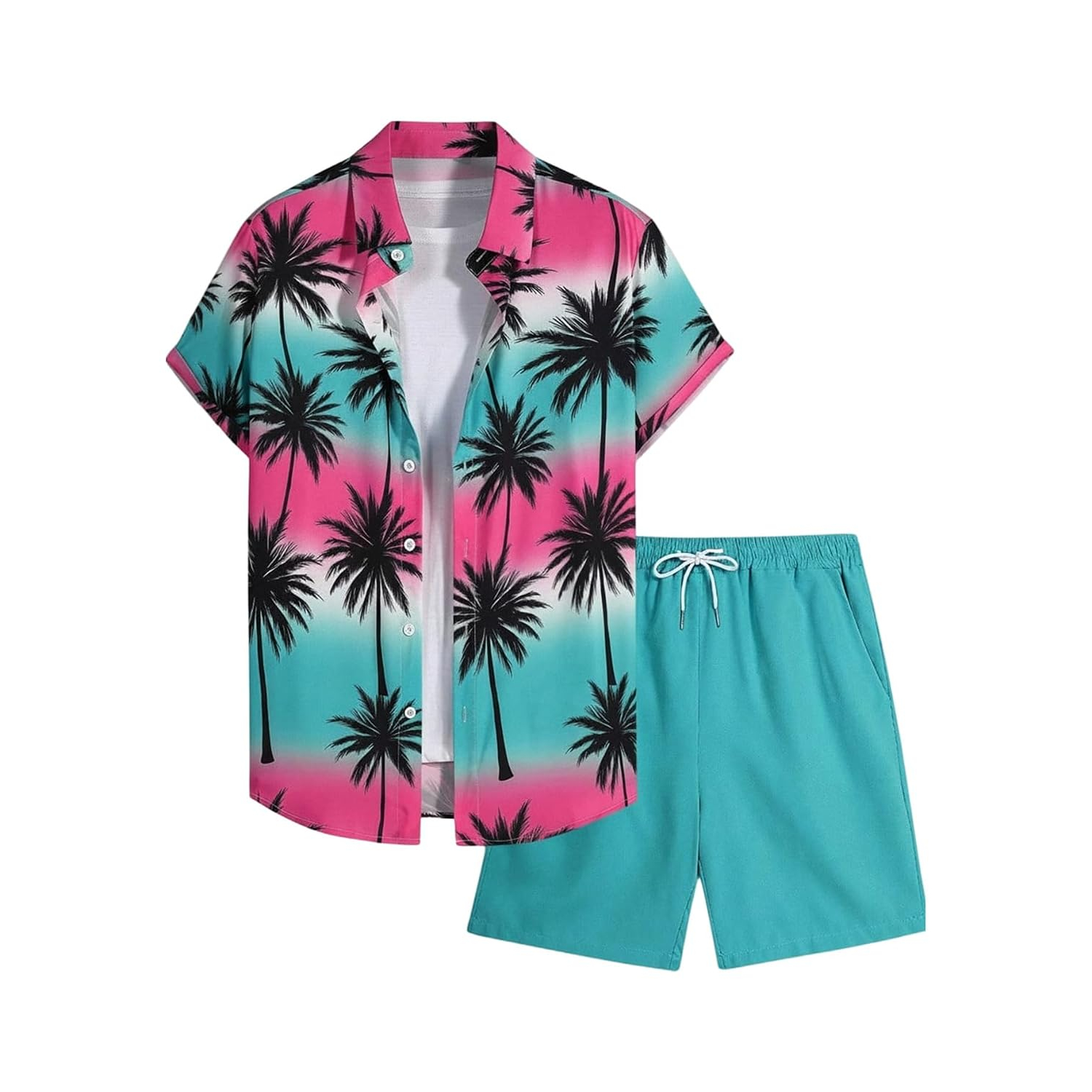 Short Sleeve Button Down Vacation Shirt and Drawstring Beach Short Set For Men