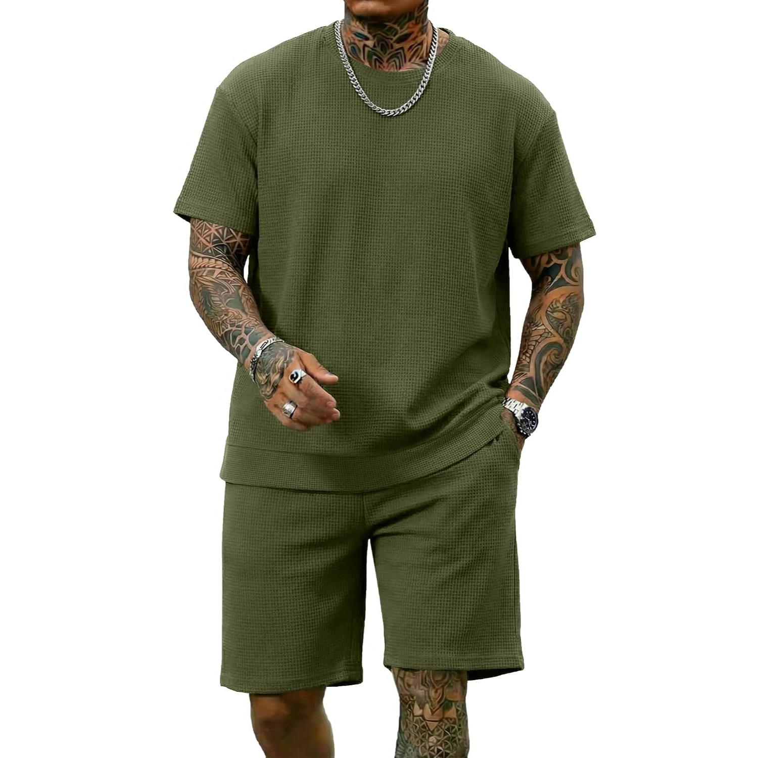 2 Pieces Casual Waffle Short Sleeve Shirt and Short Lounge Set