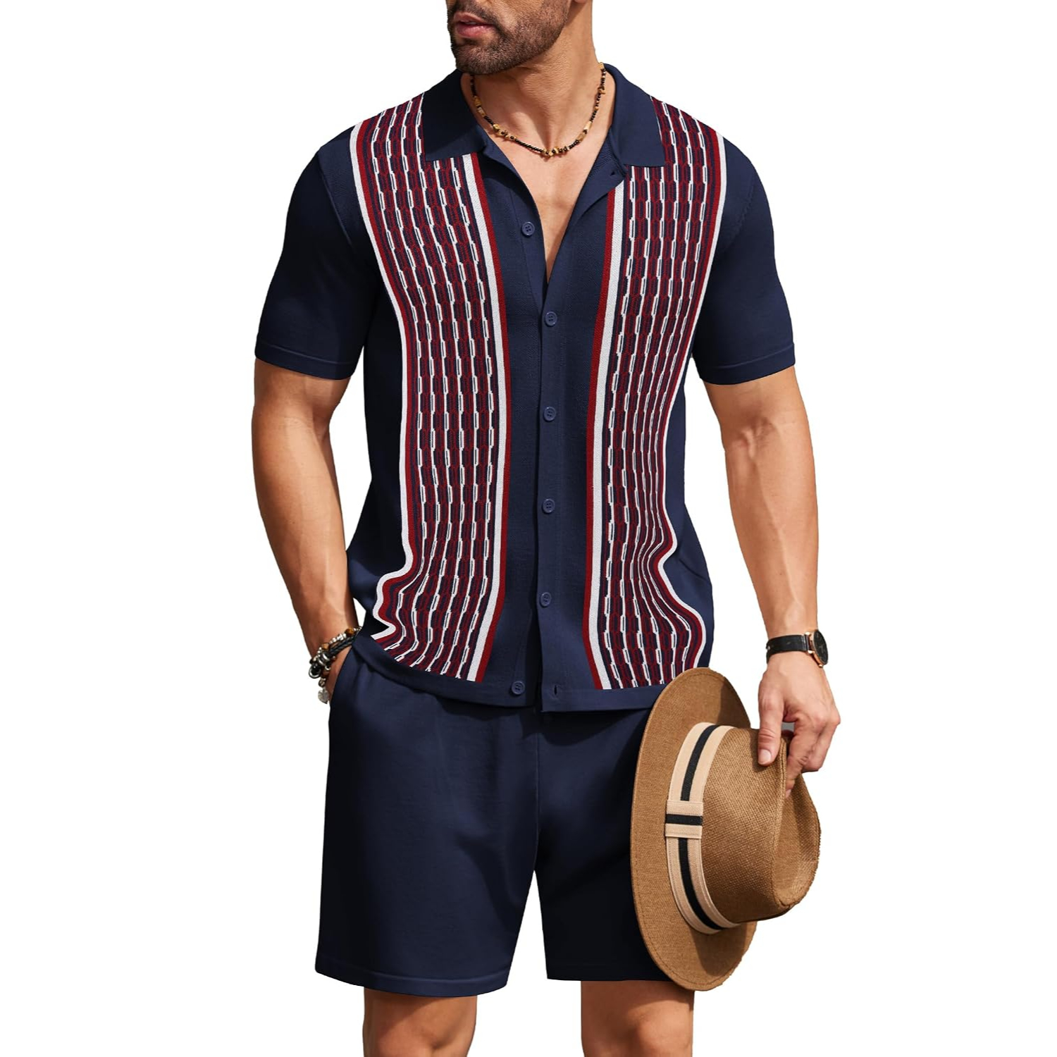 2 Pieces Short Sleeve Button Down Knit Polo Shirts And Short Set For Men