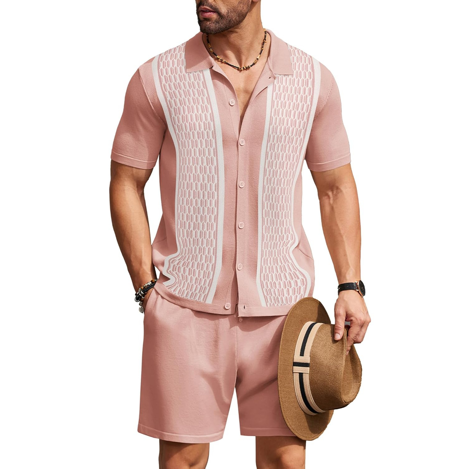2 Pieces Short Sleeve Button Down Knit Polo Shirts And Short Set For Men