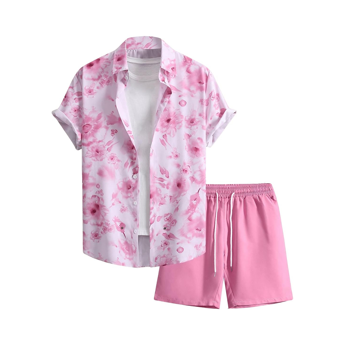 Short Sleeve Button Down Vacation Shirt and Drawstring Beach Short Set For Men
