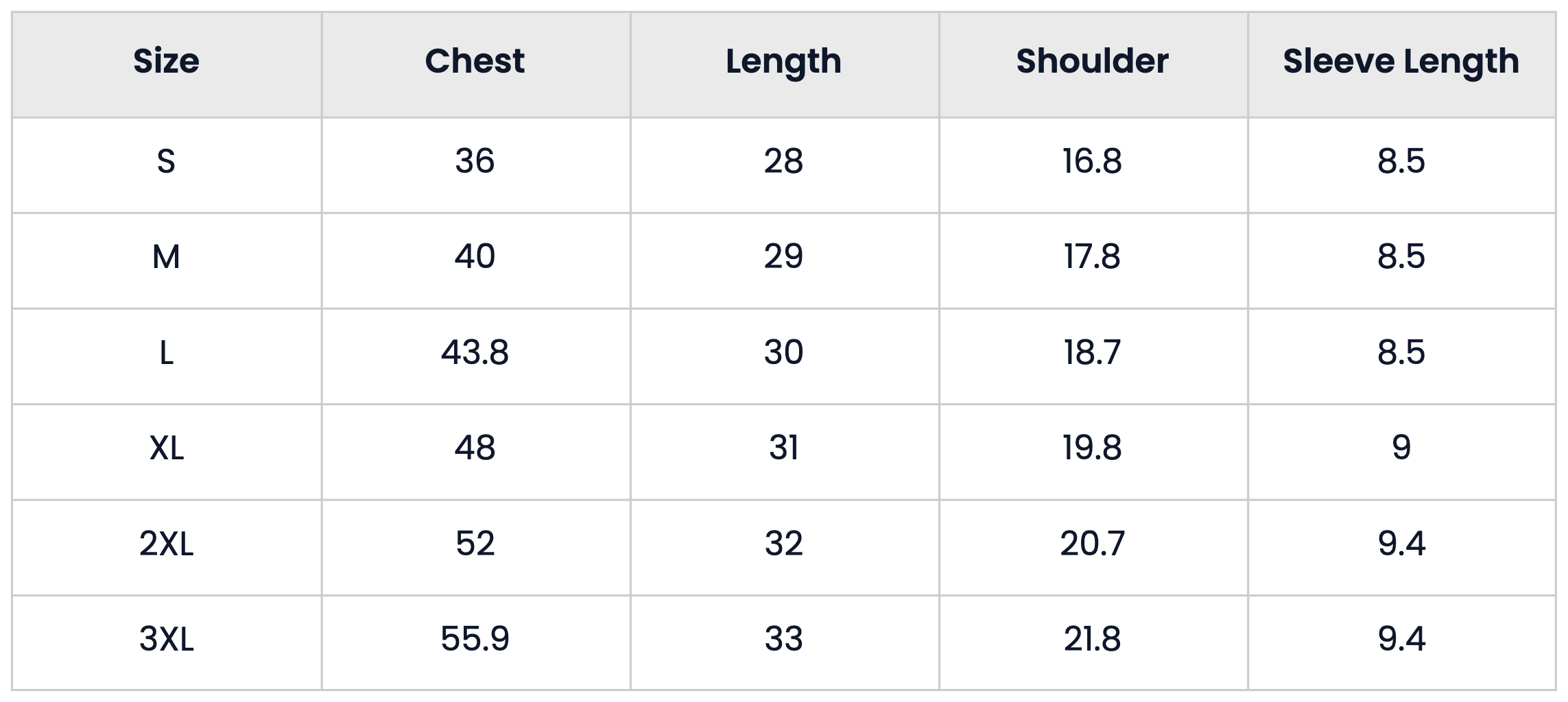 Size Chart for Pack of 6 Soft Short Sleeve Round Collar Design T Shirt For Men