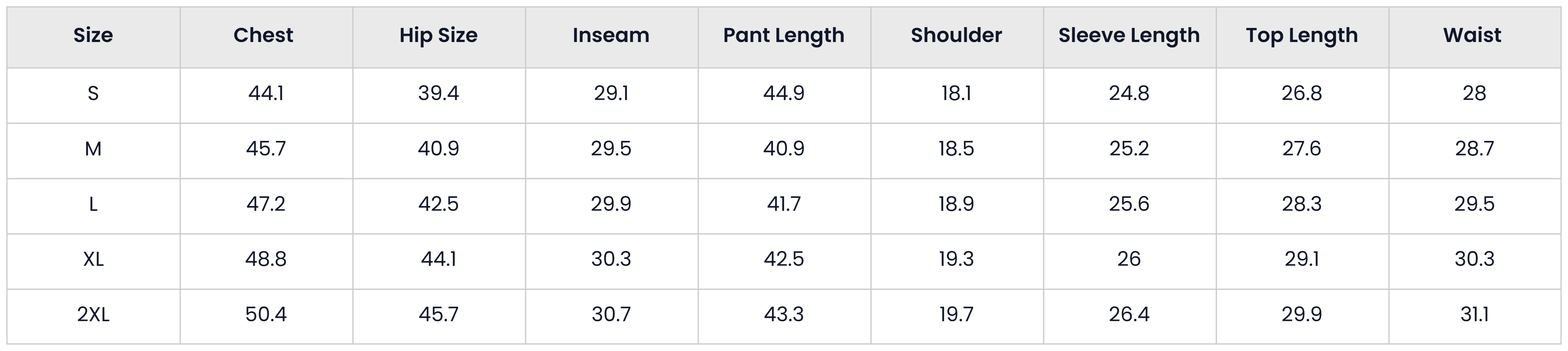 Size Chart for Casual Sport Jacket And Pants Set For Men
