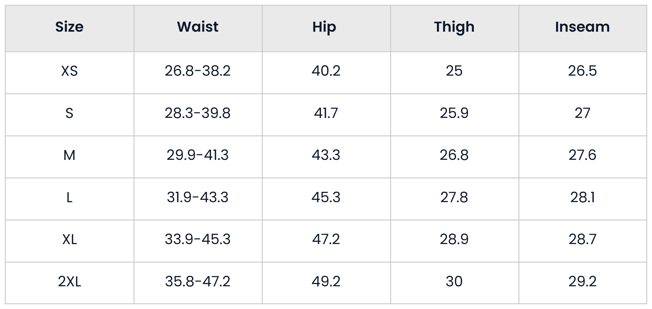 Pant Size Chart for 2 Pieces Hoodies And Pants Sweatsuit For Men
