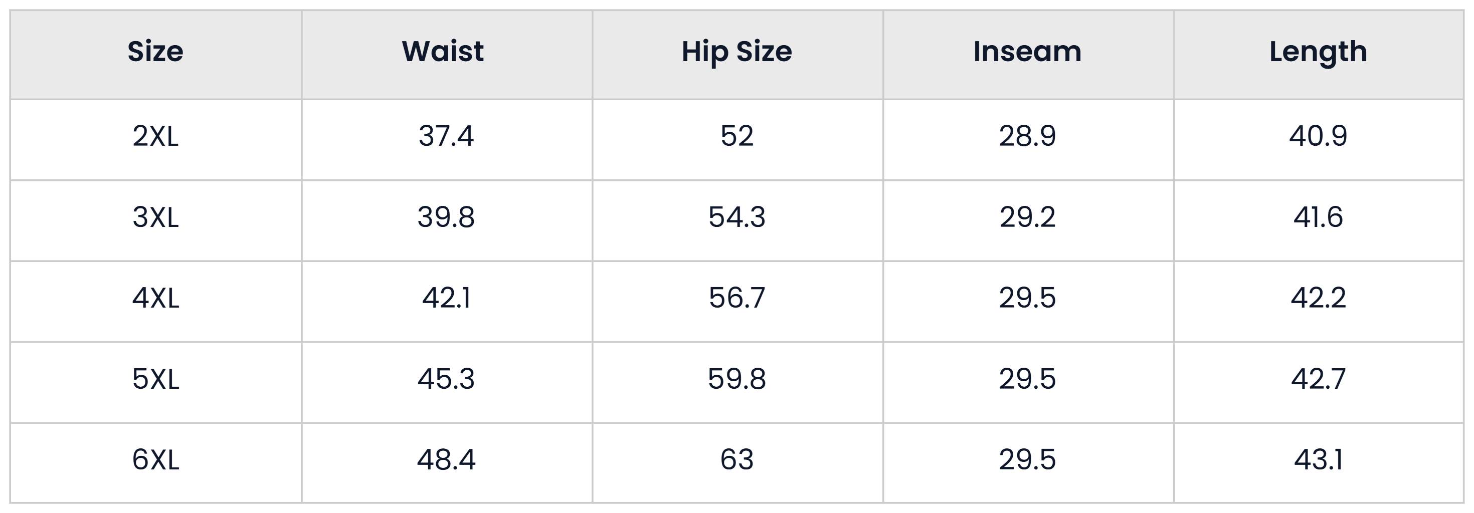 Pant Size Chart for 2 Pieces Short Sleeve Top And Pants For Men