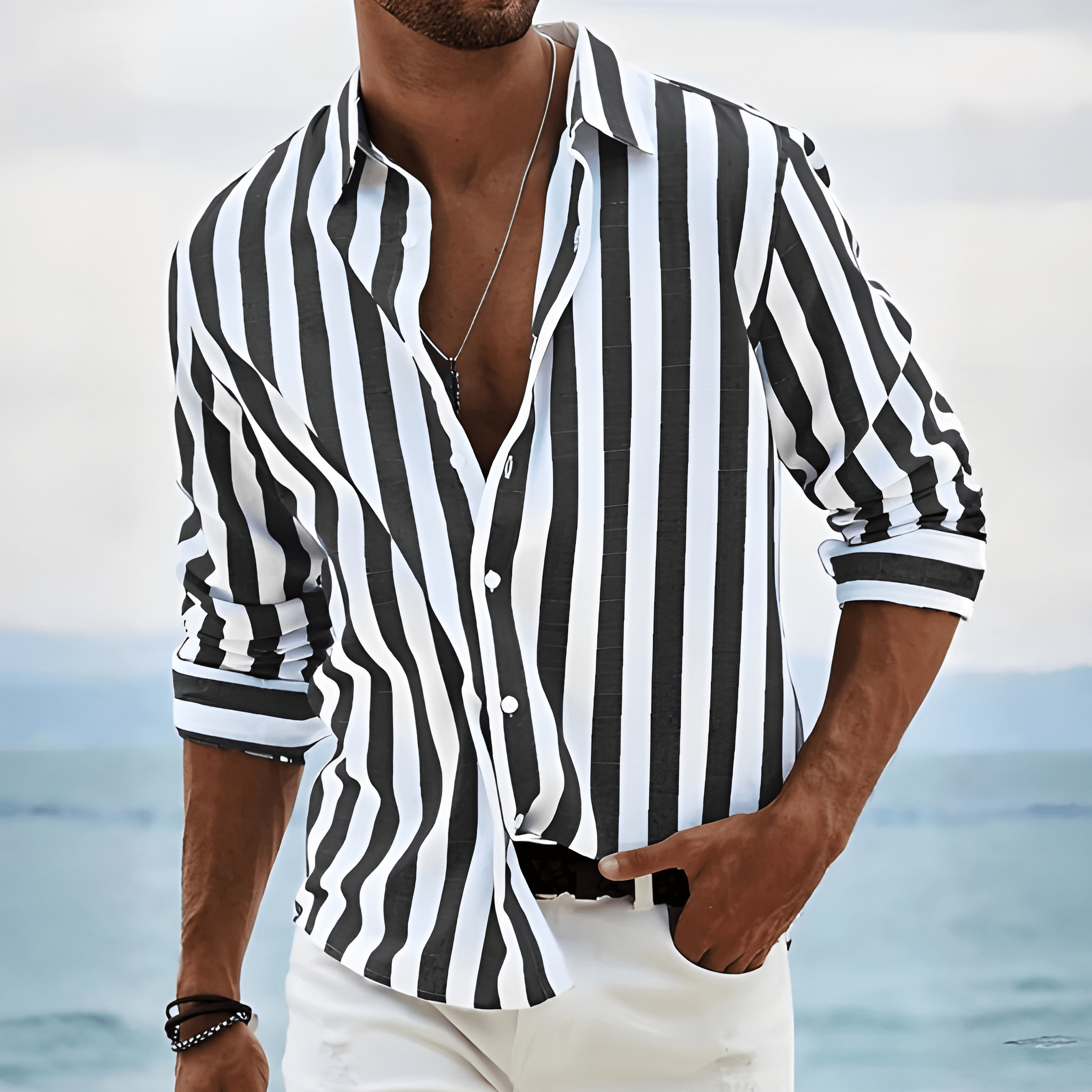 Striped Stand Collar Casual Shirt for Men