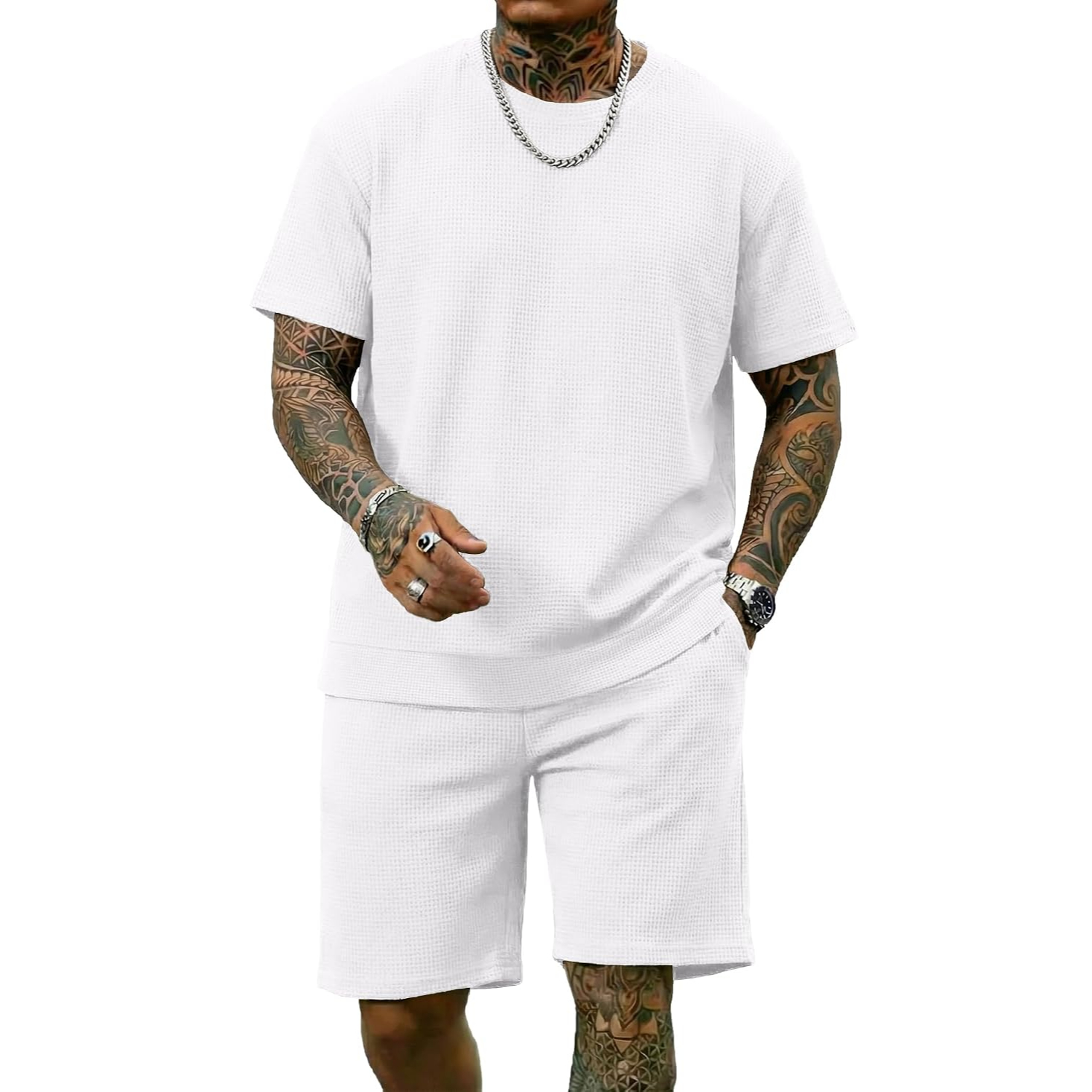 2 Pieces Casual Waffle Short Sleeve Shirt and Short Lounge Set