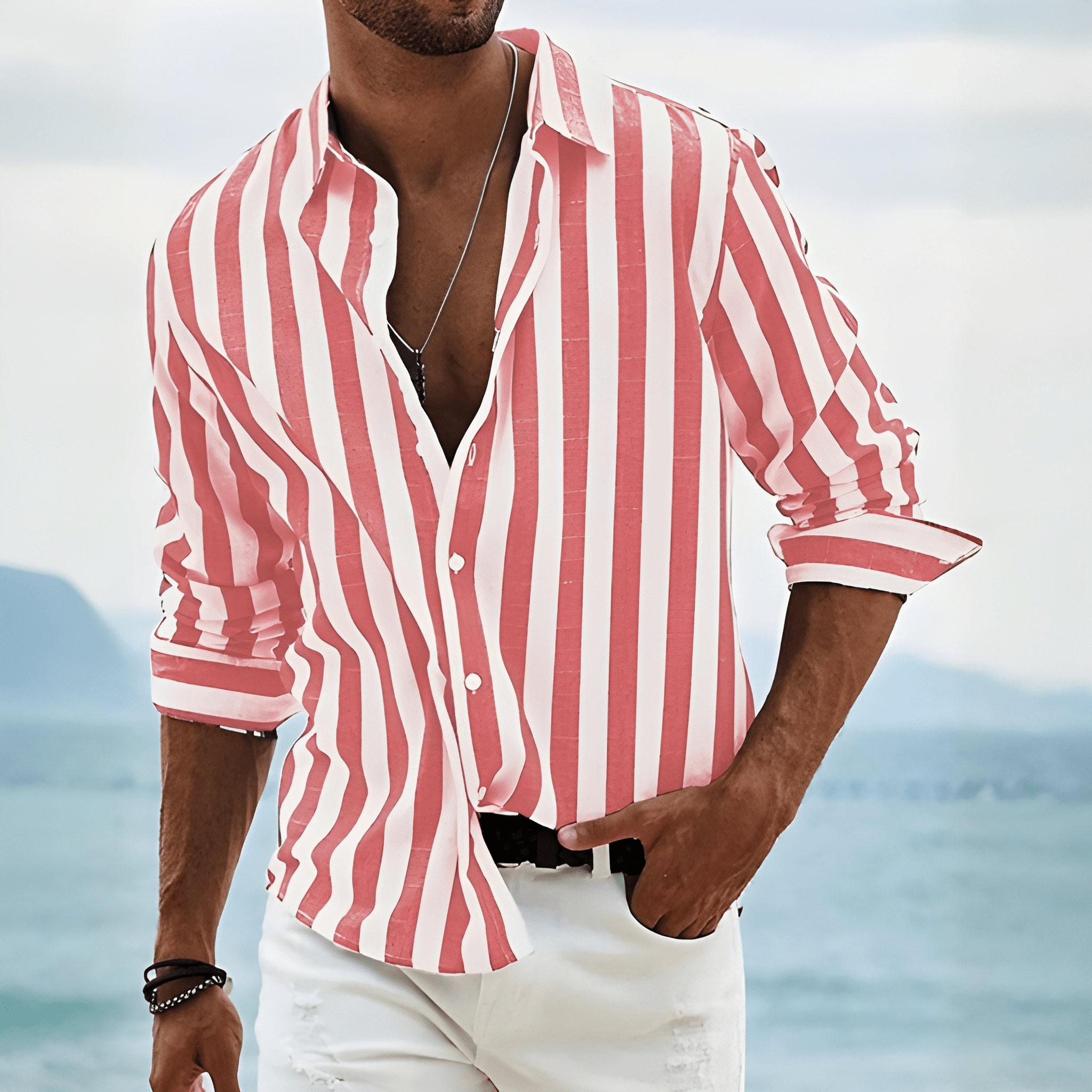Striped Stand Collar Casual Shirt for Men