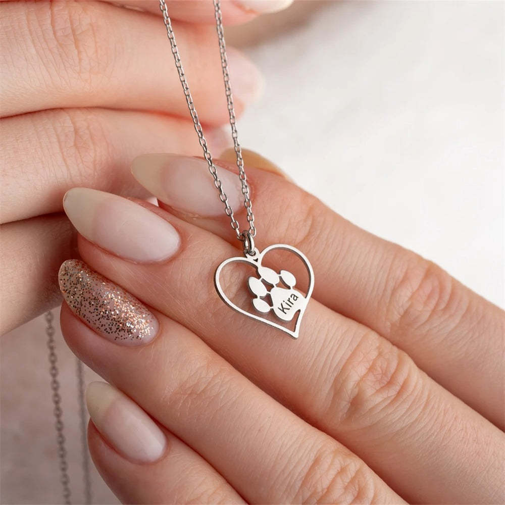 Custom Pet Name Pendant Necklace With Paw Print Design