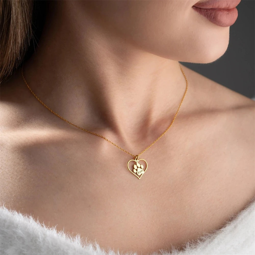 Custom Pet Name Pendant Necklace With Paw Print Design