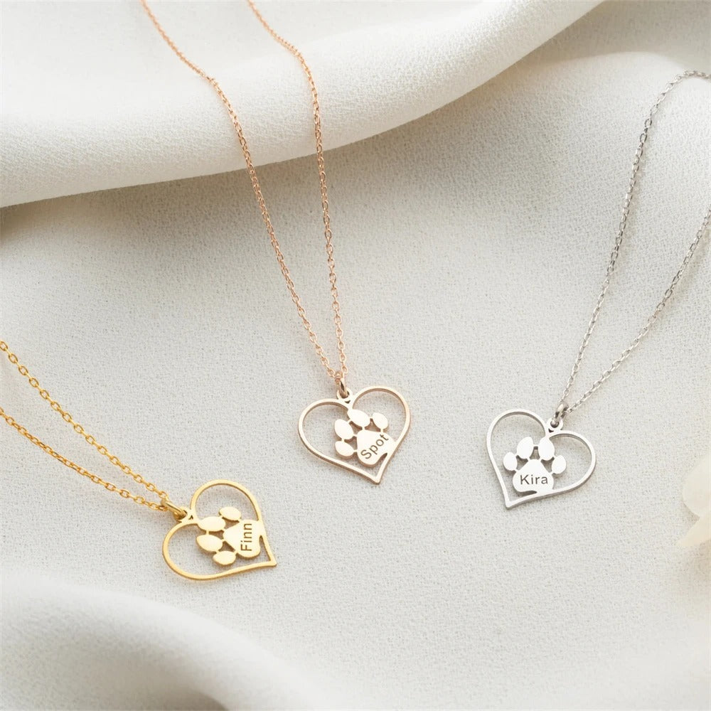 Custom Pet Name Pendant Necklace With Paw Print Design
