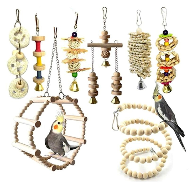Wood Bird Swing Toy for Parrots Cockatiels and Budgies Cage Accessories for Mental Stimulation — front view