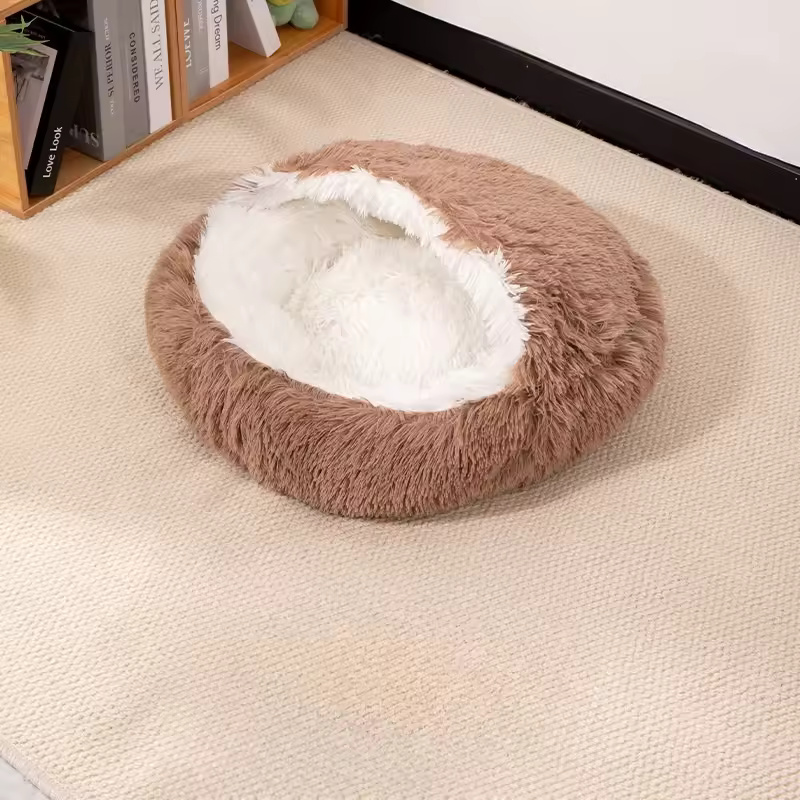 Plush Donut Dog Bed for Dogs and Cats with Calming Soft Comfortable Machine Washable Pet Sleeping Cushion — in use