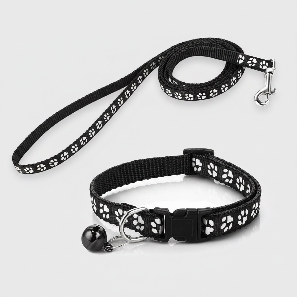 Adjustable Paw Print Pet Collar And Leash Set With Bell