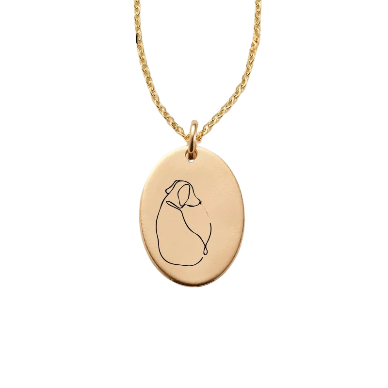 Custom Oval Pendant Necklace With Dog Line Art And Name