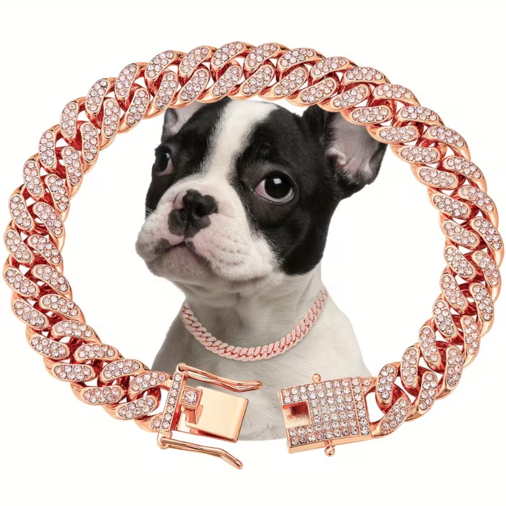 Dog Chain Crystal Artificial Diamond Cuban Collar Walking Metal Chain Collar with Design Secure BuckleDog Chain Collar With Crystal Diamond And Metal Cuban Design - Image 3