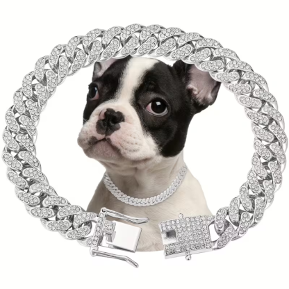 Dog Chain Crystal Artificial Diamond Cuban Collar Walking Metal Chain Collar with Design Secure Buckle