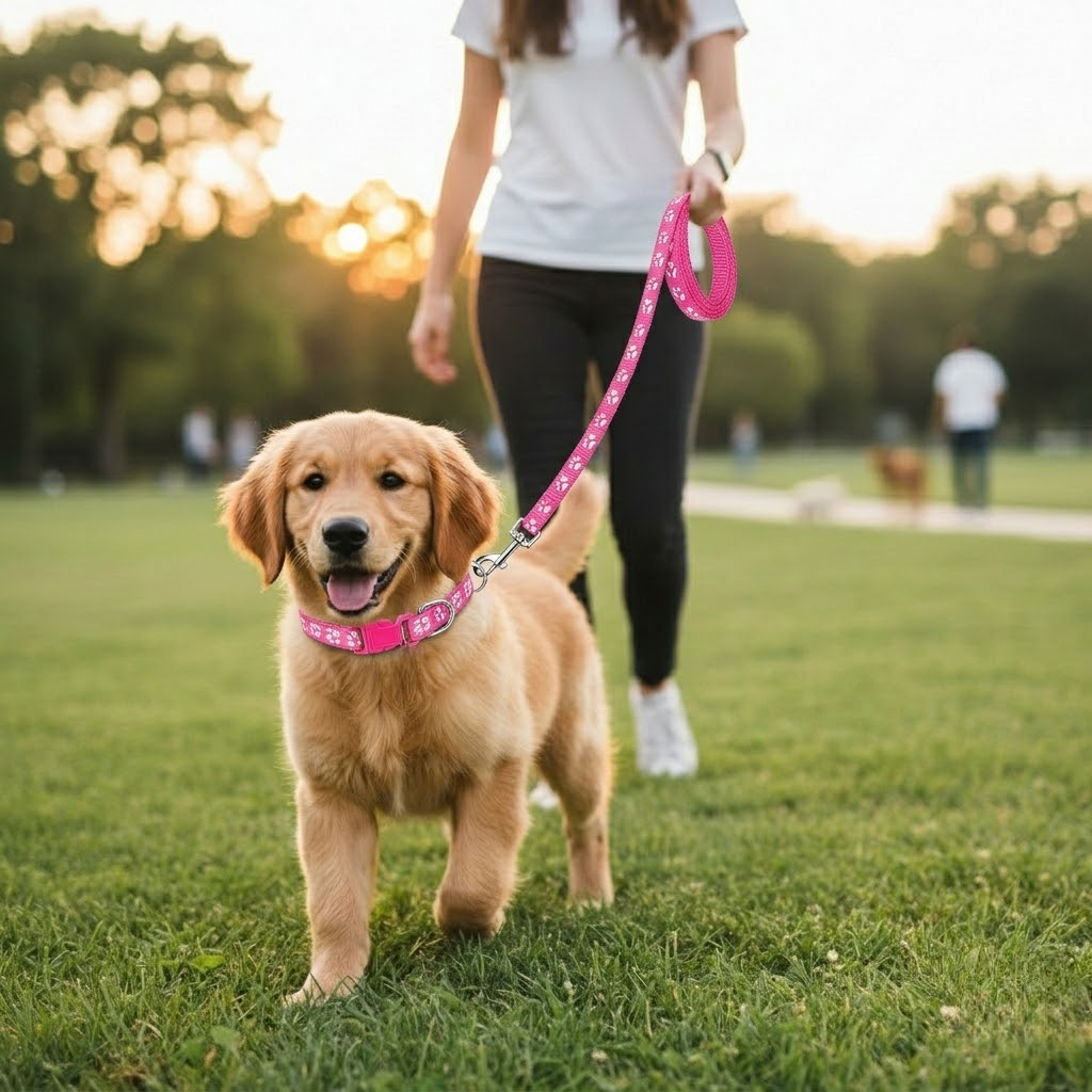 Adjustable Paw Print Pet Collar And Leash Set With Bell
