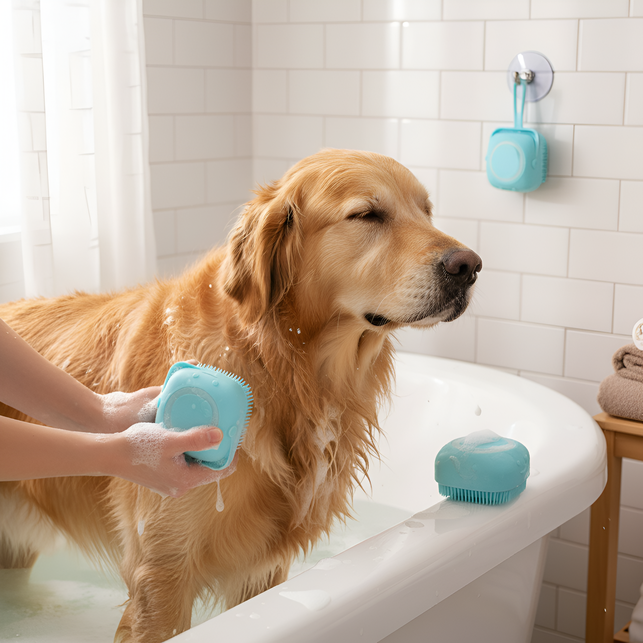Silicone Massage Pet Bath Brush With Shampoo Storage For Dogs And Cats