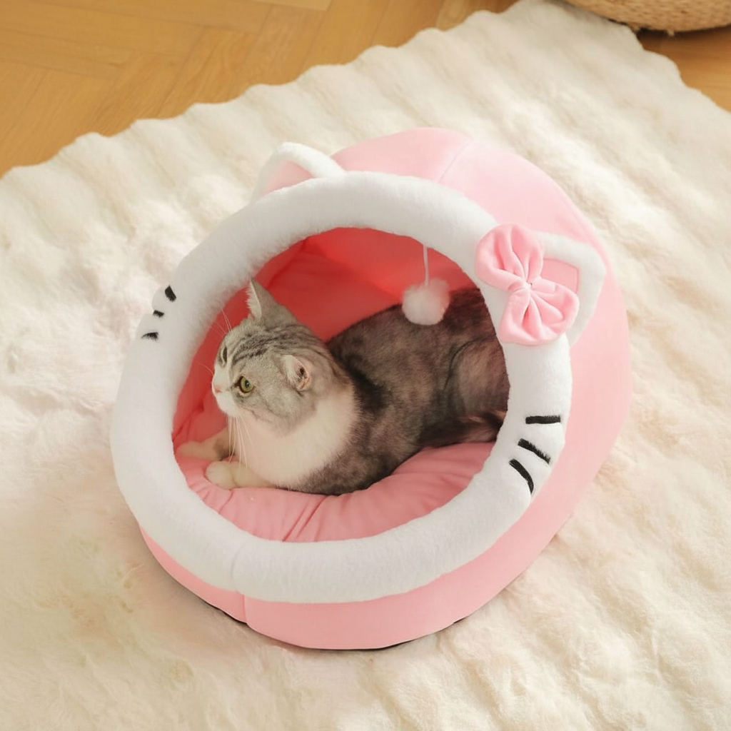 Cartoon Cat Cave Bed With Washable Cushion And Warm Enclosed Design
