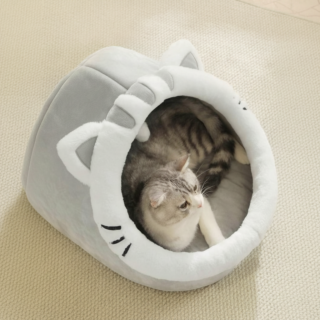 Cartoon Cat Cave Bed With Washable Cushion And Warm Enclosed Design