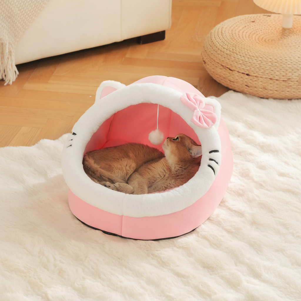 Cartoon Cat Cave Bed With Washable Cushion And Warm Enclosed Design