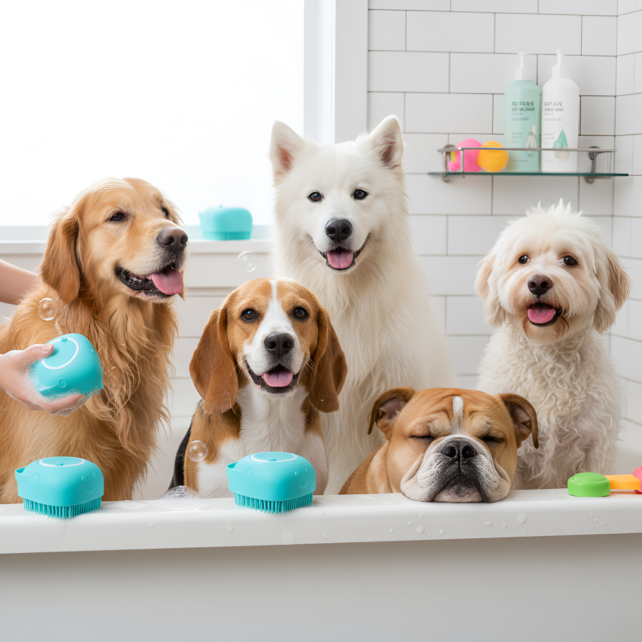 Silicone Massage Pet Bath Brush With Shampoo Storage For Dogs And Cats