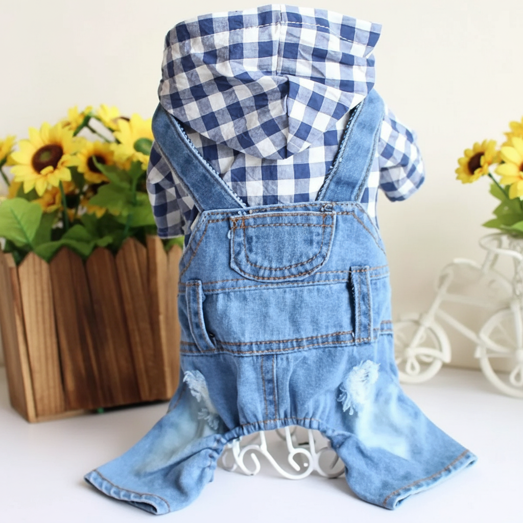 Pet Striped 4-Leg Overall Denim Effect Jumpsuit Suspender Pants Dog Clothes